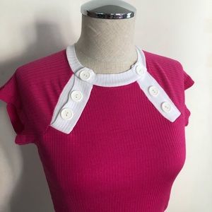 Pink White Button Collar Fitted Coastal Nautical Top